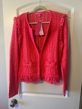 Lilly Pulitzer Hot Pink Fringe Knit Cardigan